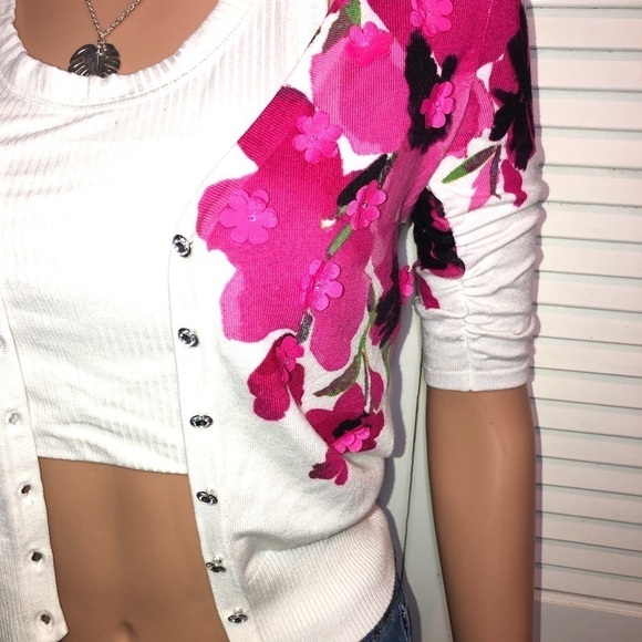 INC International Concepts White mini cardigan with Hot Pink Embellished flowers - Picture 7 of 12